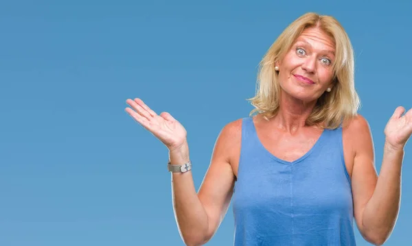 Middle Age Blonde Woman Isolated Background Clueless Confused Expression Arms — Stock Photo, Image