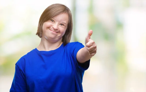 Young Adult Woman Syndrome Isolated Background Doing Happy Thumbs Gesture — Stock Photo, Image