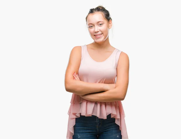 Mulher Bonita Caucasiana Jovem Sobre Fundo Isolado Rosto Feliz Sorrindo — Fotografia de Stock