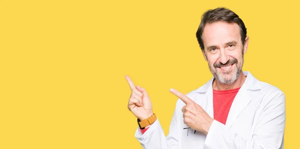Middle Age Therapist Wearing White Coat Smiling Looking Camera Pointing — Stock Photo, Image