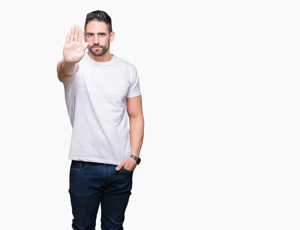 Ung Man Bär Casual Vit Shirt Över Isolerade Bakgrund Gör — Stockfoto