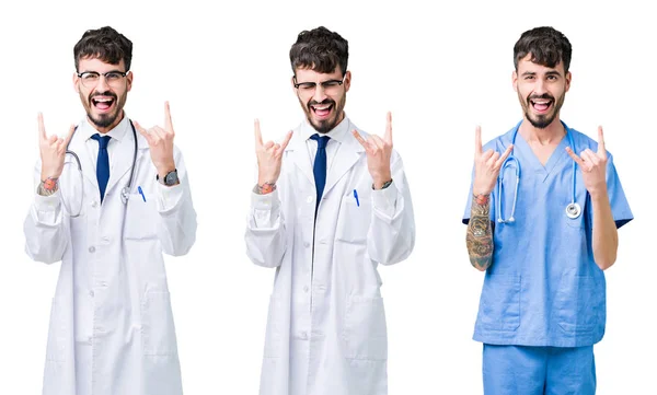 Collage Eines Arztes Medizinischem Mantel Über Isoliertem Hintergrund Der Mit — Stockfoto