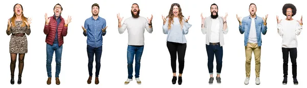 Collage Von Menschen Vor Weißem Isoliertem Hintergrund Verrückt Und Verrückt — Stockfoto