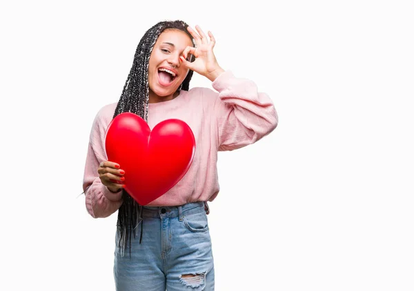 Jovem Trançado Cabelo Afro Americano Menina Segurando Ler Coração Sobre — Fotografia de Stock