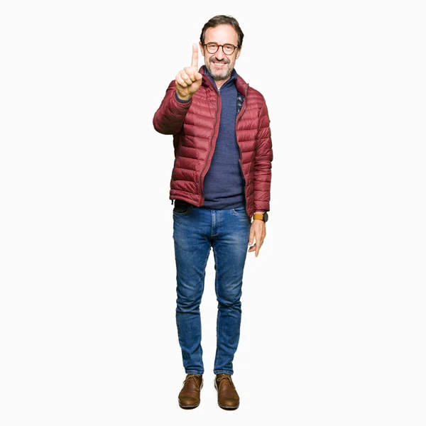 Middle Age Handsome Man Wearing Glasses Winter Coat Pointing Finger — Stock Photo, Image