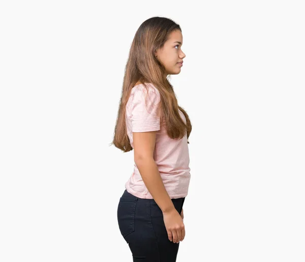 Jonge Mooie Brunette Vrouw Roze Shirt Dragen Geïsoleerde Achtergrond Zoek — Stockfoto