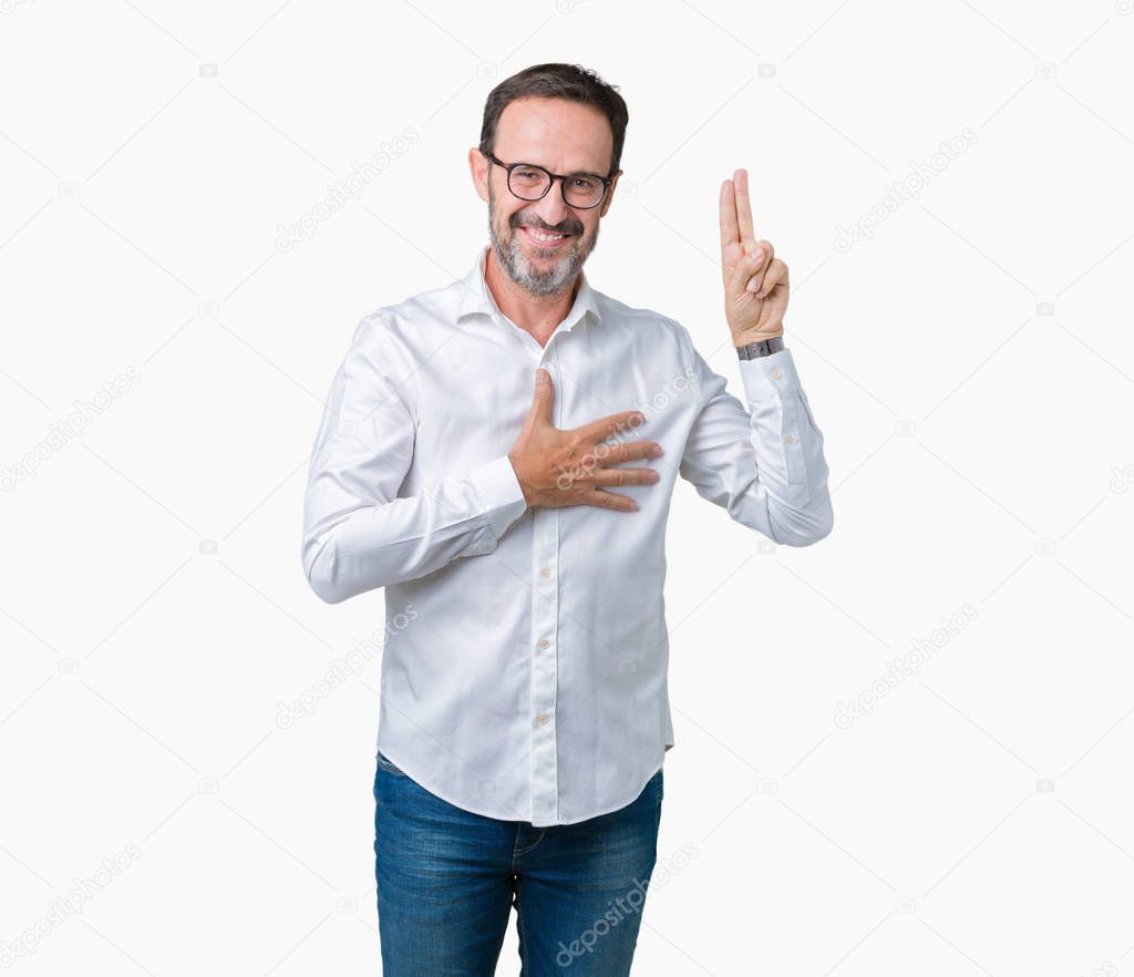 Handsome middle age elegant senior business man wearing glasses over isolated background Swearing with hand on chest and fingers, making a loyalty promise oath