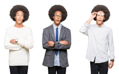 Beyaz izole arka plan korkuyor ve şok sürpriz ifade, korku ve heyecan yüz üzerinden afro saçlı Genç adam kolaj.