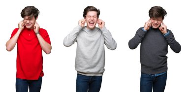 Yüksek sesle müzik gürültü rahatsız ifade parmaklarıyla kulaklarıyla kapsayan beyaz izole arka plan üzerinde genç adam kolaj. Sağır kavramı.