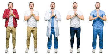 Kolaj yalvarıyor ve umut ifade yüzünde çok duygusal ve endişe ile birlikte elleriyle dua beyaz izole arka plan üzerinde çekici bir genç adam. Bağışlanmak. Din kavramı.