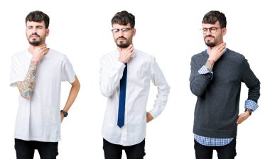 İzole arka plan üzerinde genç adam kolaj ağrılı boyun, boğaz gribi, Kesek ve enfeksiyon için dokunaklı