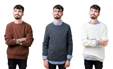 Görünümlü yan ve dik dik bakma uzağa düşünce gülümseyen izole arka plan üzerinde bir kazak giyen genç adam kolaj.