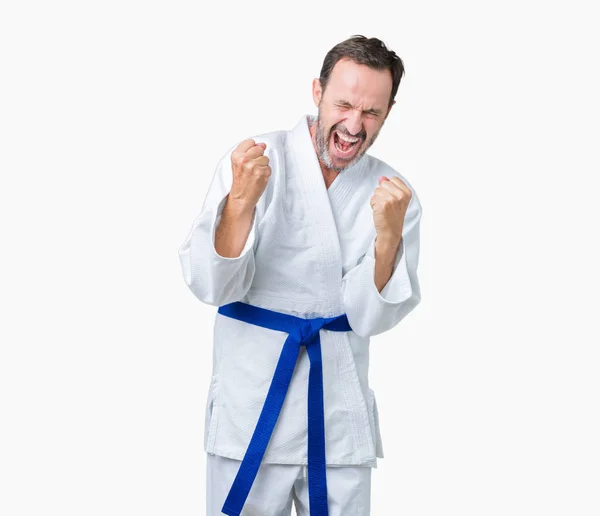 Hombre Mayor Mediana Edad Guapo Con Uniforme Kimono Sobre Fondo —  Fotos de Stock