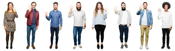 Collage People White Isolated Background Showing Pointing Fingers Number Four — Stock Photo, Image