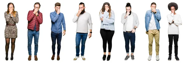 Collage People White Isolated Background Smelling Something Stinky Disgusting Intolerable — Stock Photo, Image