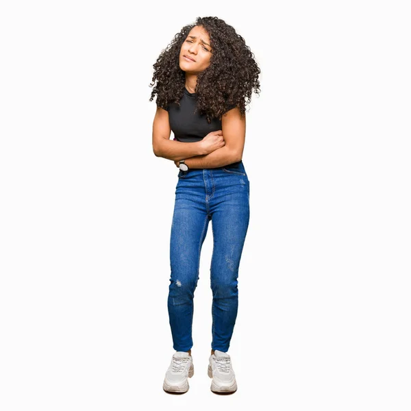 Mulher Bonita Nova Com Cabelo Encaracolado Com Mão Estômago Porque — Fotografia de Stock