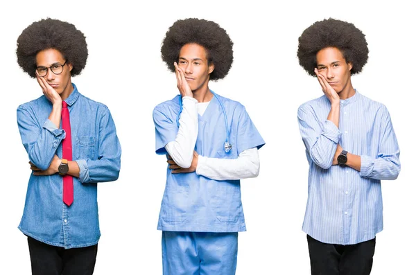 Seyir yorgun ve bıkkın ile depresyon sorunları karşılıklı silah olan beyaz izole arka plan düşünme üzerinde afro saçlı Genç adam kolaj.