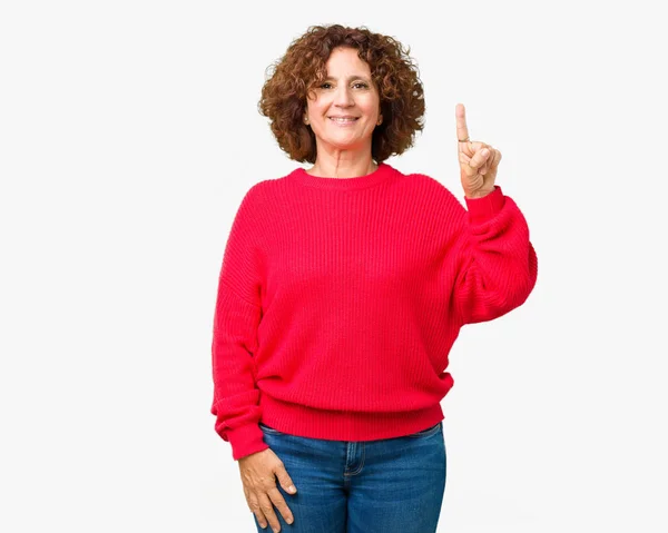 Hermoso Medio Ager Senior Mujer Rojo Suéter Invierno Sobre Fondo — Foto de Stock