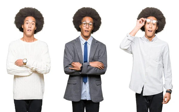 Koláž Mladého Muže Afro Vlasy Bílé Izolované Pozadí Strach Šokován — Stock fotografie