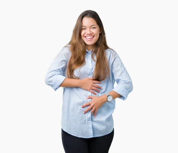 Jovem Mulher Negócios Bonita Morena Sobre Fundo Isolado Sorrindo Rindo — Fotografia de Stock