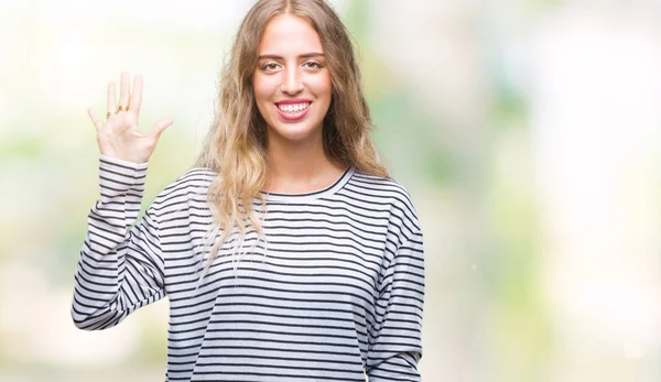 Bella Giovane Donna Bionda Che Indossa Maglione Righe Sfondo Isolato — Foto Stock