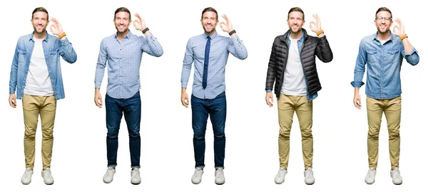 Colagem Atraente Jovem Sobre Fundo Isolado Branco Sorrindo Positivo Fazendo — Fotografia de Stock