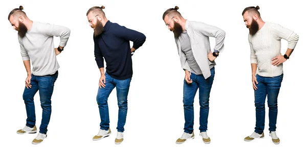 Collage Young Man Bun White Isolated Background Suffering Backache Touching — Stock Photo, Image