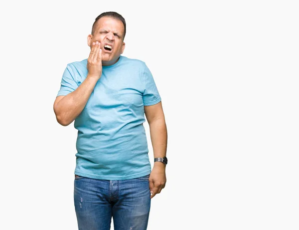 Hombre Árabe Mediana Edad Con Camiseta Azul Sobre Fondo Aislado —  Fotos de Stock