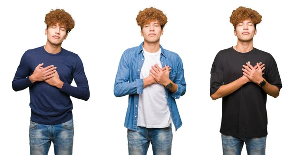 Colagem Homens Jovens Com Cabelos Encaracolados Sobre Fundo Branco Isolado — Fotografia de Stock