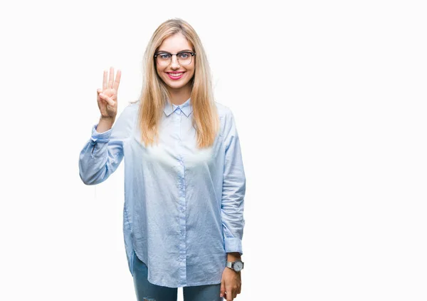 Mladá Krásná Blondýna Obchodních Žena Nosíš Brýle Izolované Pozadí Zobrazení — Stock fotografie