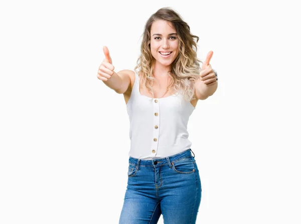 Young Beautiful Blonde Woman Isolated Background Success Sign Doing Positive — Stock Photo, Image