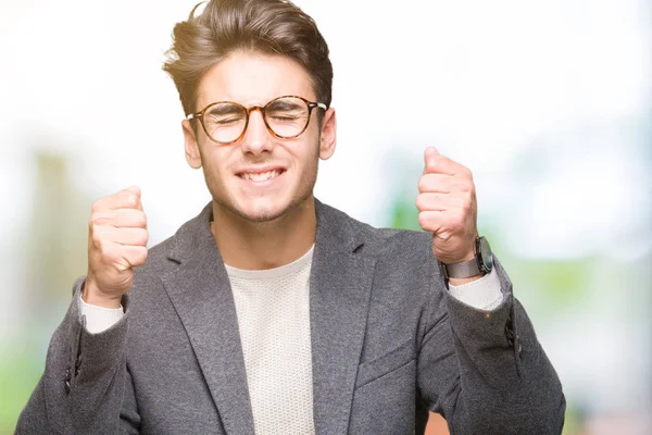 Young Business Man Wearing Glasses Isolated Background Excited Success Arms — Stock Photo, Image