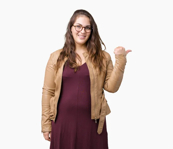 Beautiful Size Young Woman Wearing Dress Leather Jacket Isolated Background — Stock Photo, Image