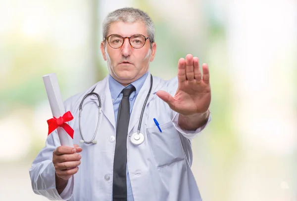 Handsome Senior Doctor Man Holding Degree Paper Isolated Background Open — Stock Photo, Image