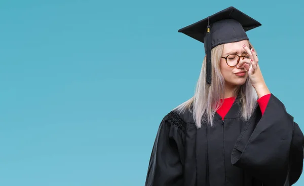 Young Blonde Woman Wearing Graduate Uniform Isolated Background Smelling Something — Stock Photo, Image