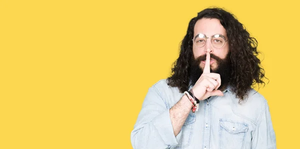 Young Hipster Man Long Hair Beard Wearing Glasses Asking Quiet — Stock Photo, Image