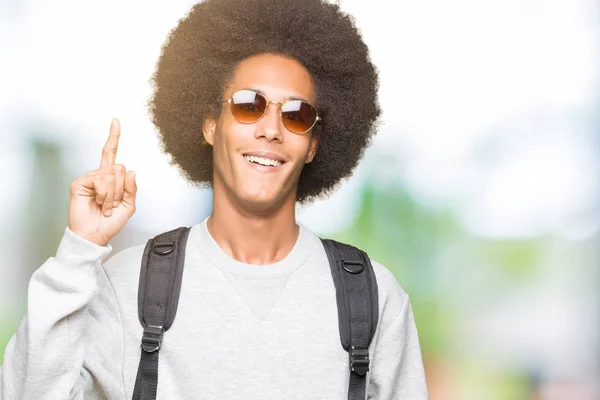 Young African American Man Afro Hair Wearing Sunglasses Backpack Surprised — Stock Photo, Image
