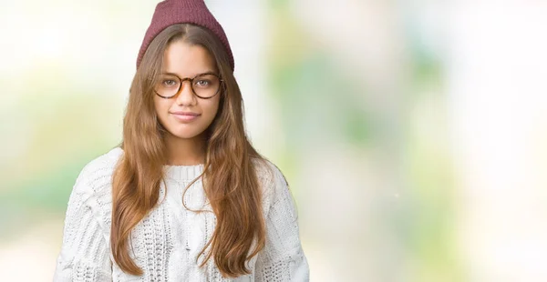 Jovem Bela Morena Hipster Mulher Usando Óculos Chapéu Inverno Sobre — Fotografia de Stock