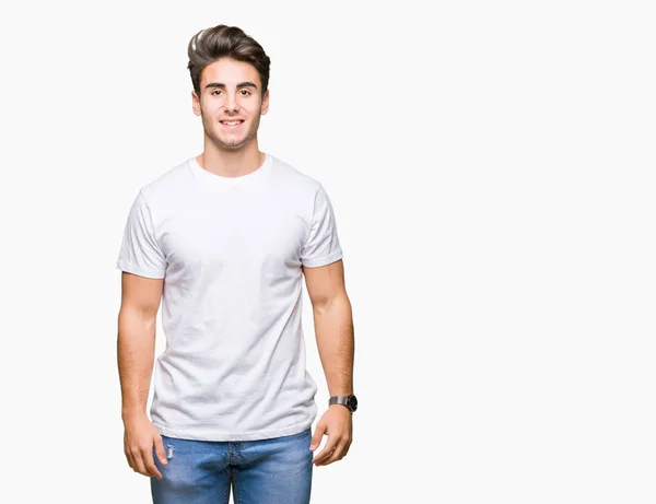 Joven Hombre Guapo Con Camiseta Blanca Sobre Fondo Aislado Con — Foto de Stock