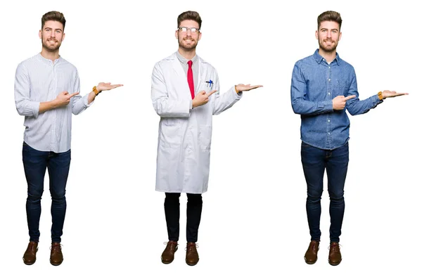 Colagem Belo Jovem Profissional Sobre Fundo Isolado Branco Espantado Sorrindo — Fotografia de Stock