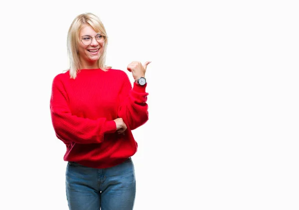 Joven Hermosa Mujer Rubia Con Suéter Gafas Sobre Fondo Aislado — Foto de Stock