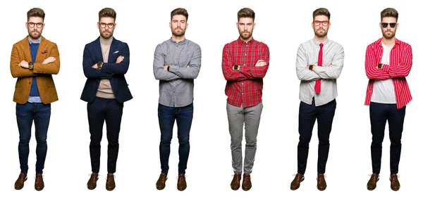 Collage Eines Gutaussehenden Jungen Geschäftsmannes Mit Unterschiedlichen Blicken Vor Weißem — Stockfoto