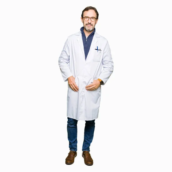 Middle Age Therapist Wearing White Coat Serious Expression Face Simple — Stock Photo, Image