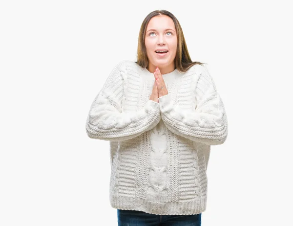 Young Beautiful Caucasian Woman Wearing Winter Sweater Isolated Background Begging — Stock Photo, Image
