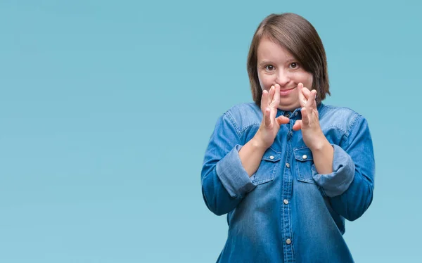 Mladé Dospělé Ženy Downovým Syndromem Izolované Pozadí Úsměvem Přechod Prsty — Stock fotografie