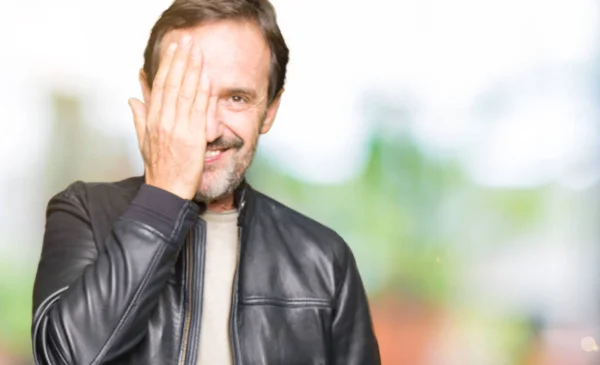 Middle Age Handsome Man Wearing Black Leather Jacket Covering One — Stock Photo, Image