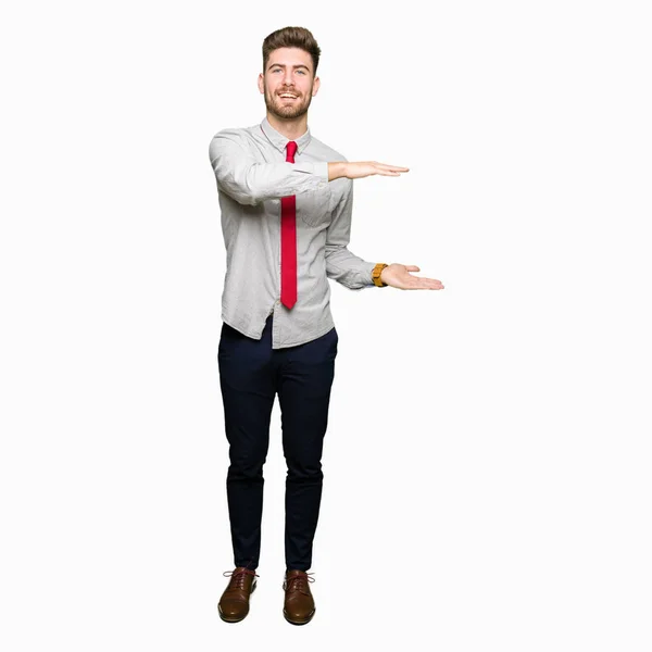 Young Handsome Business Man Gesturing Hands Showing Big Large Size — Stock Photo, Image