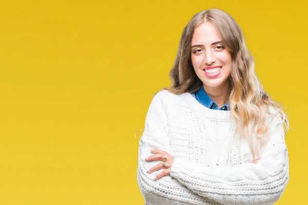 Schöne Junge Blonde Frau Winterpullover Über Isoliertem Hintergrund Glücklich Lächelnd — Stockfoto