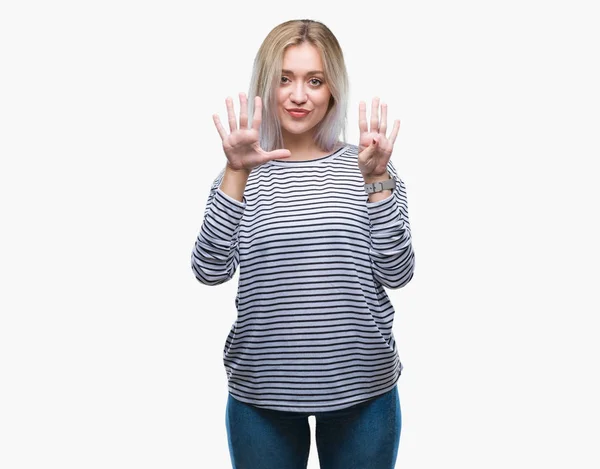 Young Blonde Woman Isolated Background Showing Pointing Fingers Number Nine — Stock Photo, Image