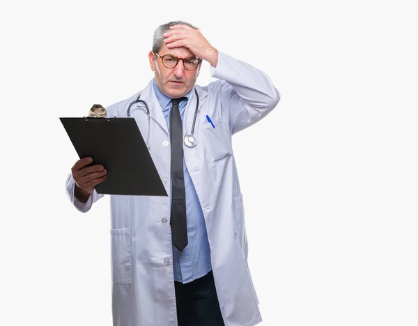 Handsome Senior Doctor Man Holding Clipboard Isolated Background Stressed Hand — Stock Photo, Image